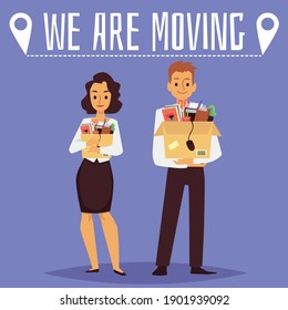 Office move poster - cartoon business people holding boxes with work supplies and stationery. Vector illustration of man and woman at relocation, vector illustration