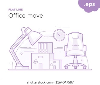 Office move.Office workplace interior design with desk and laptop. Business objects, elements. Flat concept illustration.