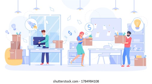 Situación de desplazamiento de la oficina. Desarrollo del proyecto de inicio. Caracteres de empleados sobrecargados de trabajo que llevan una caja de cartón llena de papel y papel. Proceso de flujo de trabajo. Implementación de creación de ideas empresariales