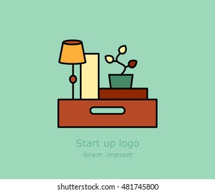 Office and moving vector logo. Illustration with box, parcel, table lamp and vases. Home repairs, order and cleaning theme. Start up logo.