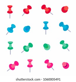 Office multi colored pins flat style paper pins vector illustration. Red, green, blue, pink version set isolated on white background.