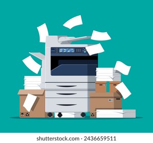 Office multifunction machine. Pile of paper documents, boxes and folders. Bureaucracy, paperwork, office. Printer copy scanner device. Proffesional printing station. Vector illustration in flat style