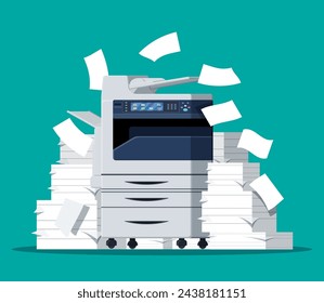 Office multifunction machine. Pile of paper documents. Bureaucracy, paperwork, chaos in office. Printer copy scanner device. Proffesional printing station. Vector illustration in flat style