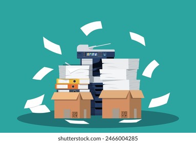 Office multifunction machine. Pile of paper documents, boxes and folders. Bureaucracy, paperwork, office. Printer copy scanner device. Professional printing station. Vector illustration in flat style