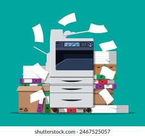 Office multifunction machine. Pile of paper documents, boxes and folders. Bureaucracy, paperwork, office. Printer copy scanner device. Proffesional printing station. Vector illustration in flat style