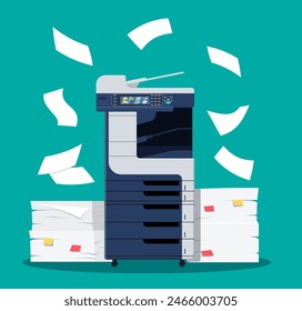 Office multifunction printer scanner. Copier with flying paper isolated on background. Copy machine with pile of documents, stack of papers. Vector illustration in flat style