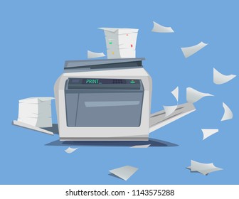 Office Multifunction Printer scanner. A lot of documents and papers Isolated Flat Vector Illustration