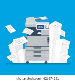 Office Multifunction Printer Scanner. A Lot Of Documents And Papers  Isolated Flat Vector Illustration