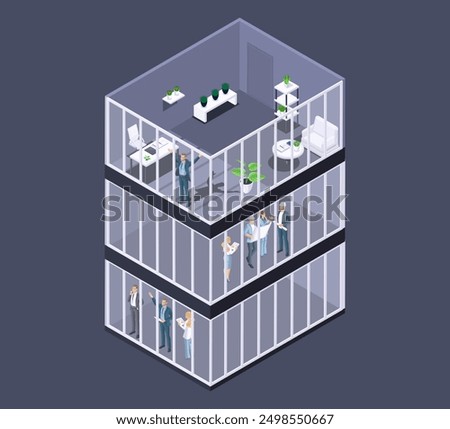 Office multi-storey building. Three levels of floors with office space. Specialists of medium and small businesses look at the premises