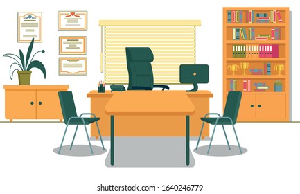 Office With Necessary Furnishing And Computer On Desk. School Principals Working Place. Table And Two Chairs For Visitors, Teachers, Parents And Students. Shelving With Folders And Gold Champion Cups.