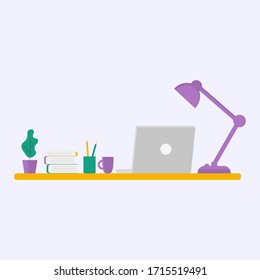 Office with necessities. A laptop on a table with a lamp, books and a cup of coffee. Flat design, vector illustration