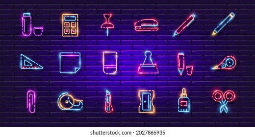 Office neon signs set. Glowing stationery icons. Office work concept.