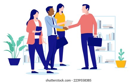 Office new client deal - Team of people shaking hands with new customer making agreement in business. Flat design vector illustration with white background