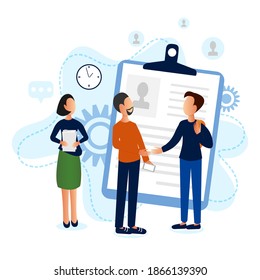 Office newbie vector concept. Young man has a first day in his new office. Acquaintance with boss and human resources manager. Bright vector flat illustration isolated.