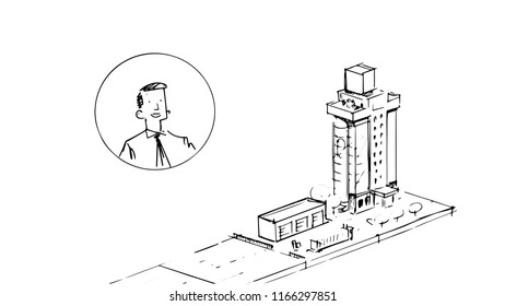 office next to which is a warehouse,illustration of a vector sketch from a cartoon storyboard project.