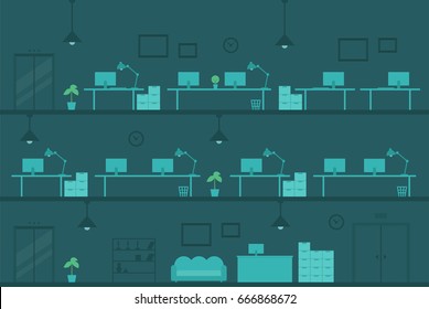 Office at night empty Workplace tables monitors background for banner