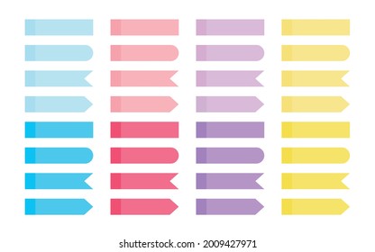 Office note sticker set. Memo colored pastel flat sticky tape. Different shapes stripes ribbon bookmarks. Index paper, adhesive arrow flag tabs blank mock up. Isolated on white vector illustration