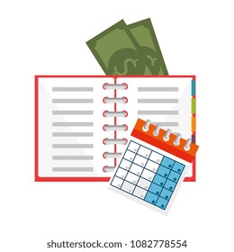 office notebook with bills and calendar