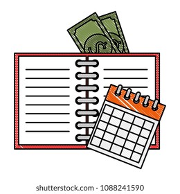 office notebook with bills and calendar