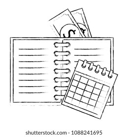 office notebook with bills and calendar