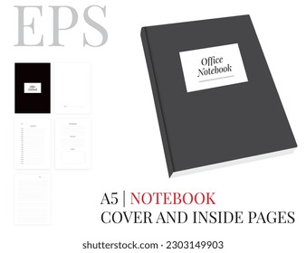 Office notebook with cover and inside pages, vector. Die cut template, A5 format. Office notebook mock up isolated on white background.