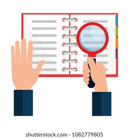 office notebook with magnifying glass