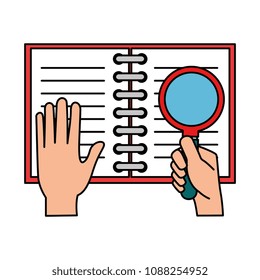 office notebook with magnifying glass