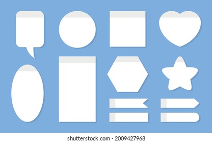 Office notes planning sticker set. Template empty white paper for notepad and scheduling. Different shapes as speech bubble, heart, round, star, square. Kit memo blank reminders. Vector illustration