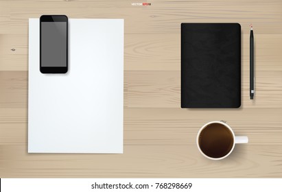 Office object background on wood. Working space area. Business background of white paper sheet, smartphone, coffee cup, notebook and pencil on wood texture. Vector illustration.