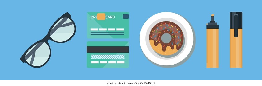 Office Object and Business Workflow Items on Blue Background Vector Set