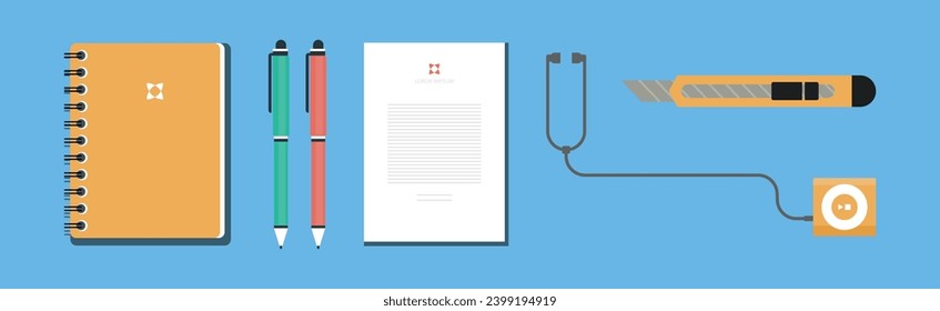 Office Object and Business Workflow Items on Blue Background Vector Set