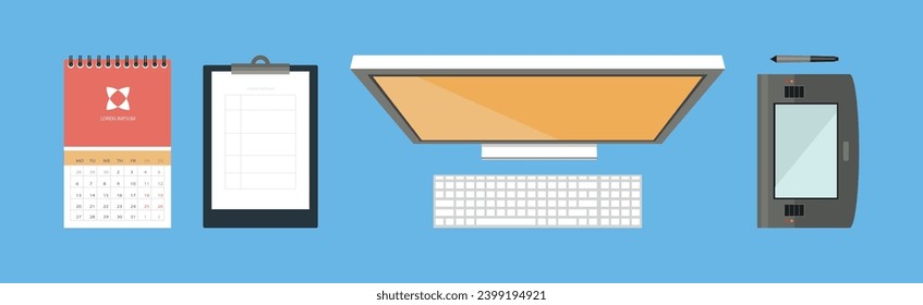 Office Object and Business Workflow Items on Blue Background Vector Set