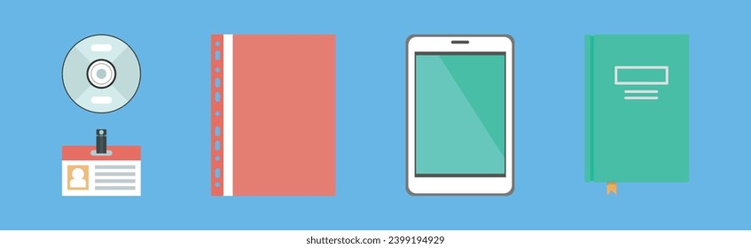 Office Object and Business Workflow Items on Blue Background Vector Set