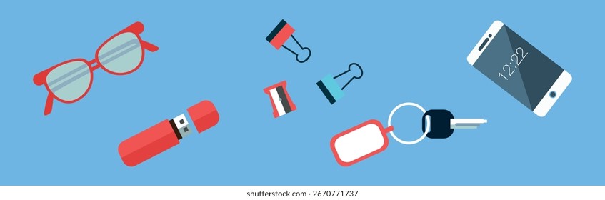 Office Object and Business Workflow Items on Blue Background Vector Set