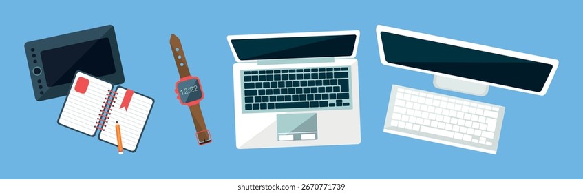 Office Object and Business Workflow Items on Blue Background Vector Set