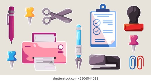 Office objects cartoon set sticker doodle collection bundle from printer paper pen stamp paper clip stapler