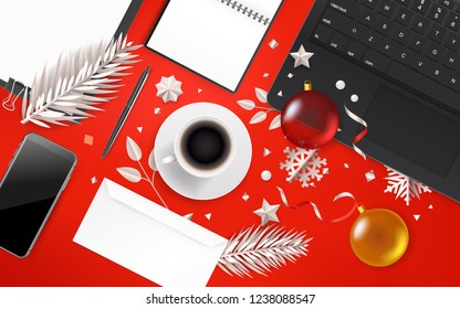Office objects with Christmas accessory. Different business stuff on red table