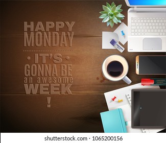 Office objects composition with top view of wooden table with paperwork cup of coffee and text vector illustration