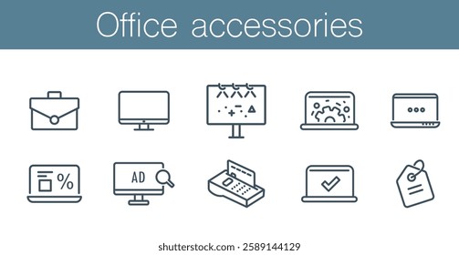 Office objects icons, computer screens. Office icons for business and office accessories and items, objects.