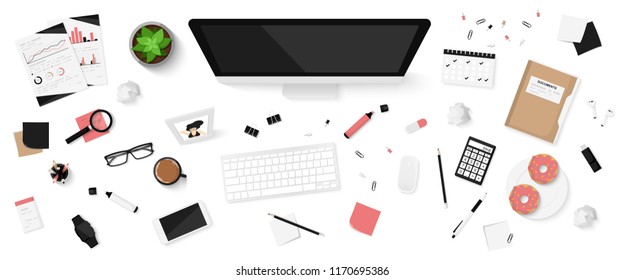 Office objects set isolated on white background. Working space. Top view of workplace desk. Realistic objects. View from above. Simple cute modern and stylish design. Flat style vector illustration.