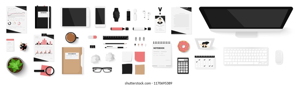 Office objects set isolated on white background. Working space. Top view of workplace desk. Realistic objects. View from above. Simple cute modern and stylish design. Flat style vector illustration.