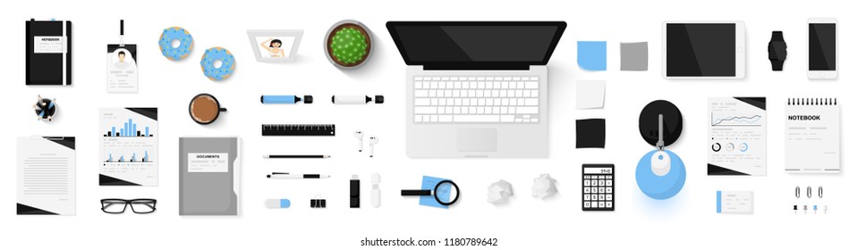 Office objects set isolated on white background. Working space. Top view of workplace desk. Realistic objects. View from above. Simple cute modern and stylish design. Flat style vector illustration.
