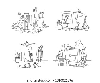 Office objects set with working little people. Doodle cute miniature scenes of workers with stationery. Hand drawn cartoon vector illustration for business and school design.