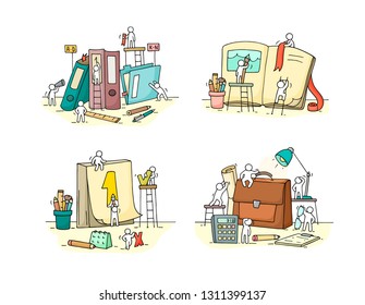 Office objects set with working little people. Doodle cute miniature scenes of workers with stationery. Hand drawn cartoon vector illustration for business and school design.