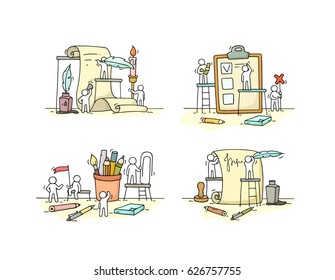 Office objects set with working little people. Doodle cute miniature scenes of workers with stationery. Hand drawn cartoon vector illustration for business and school design.