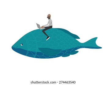 Office on the fish.  Free-lancer working at laptop.  Hand drawn illustration. Ukraine
