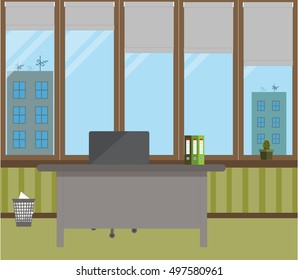 Office on a green background. Vector illustration. Table, chair, bin, folders, cactus in a green pot, large Windows and a grey protective blinds. Ideal for advertising, design sites and magazines