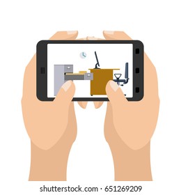 Office on tablet game. Business in a smartphone. Hands hold gadget. Table and computer. Working on computer
