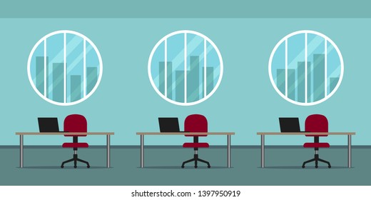 Office open plan with round windows. Vector illustration.