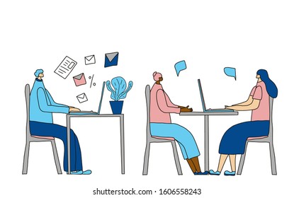 Office open space concept. Colleagues sitting at the desk and working. Young persons using computer. Teamwork. People reading mail, discussing new project and work routine. Vector illustration.